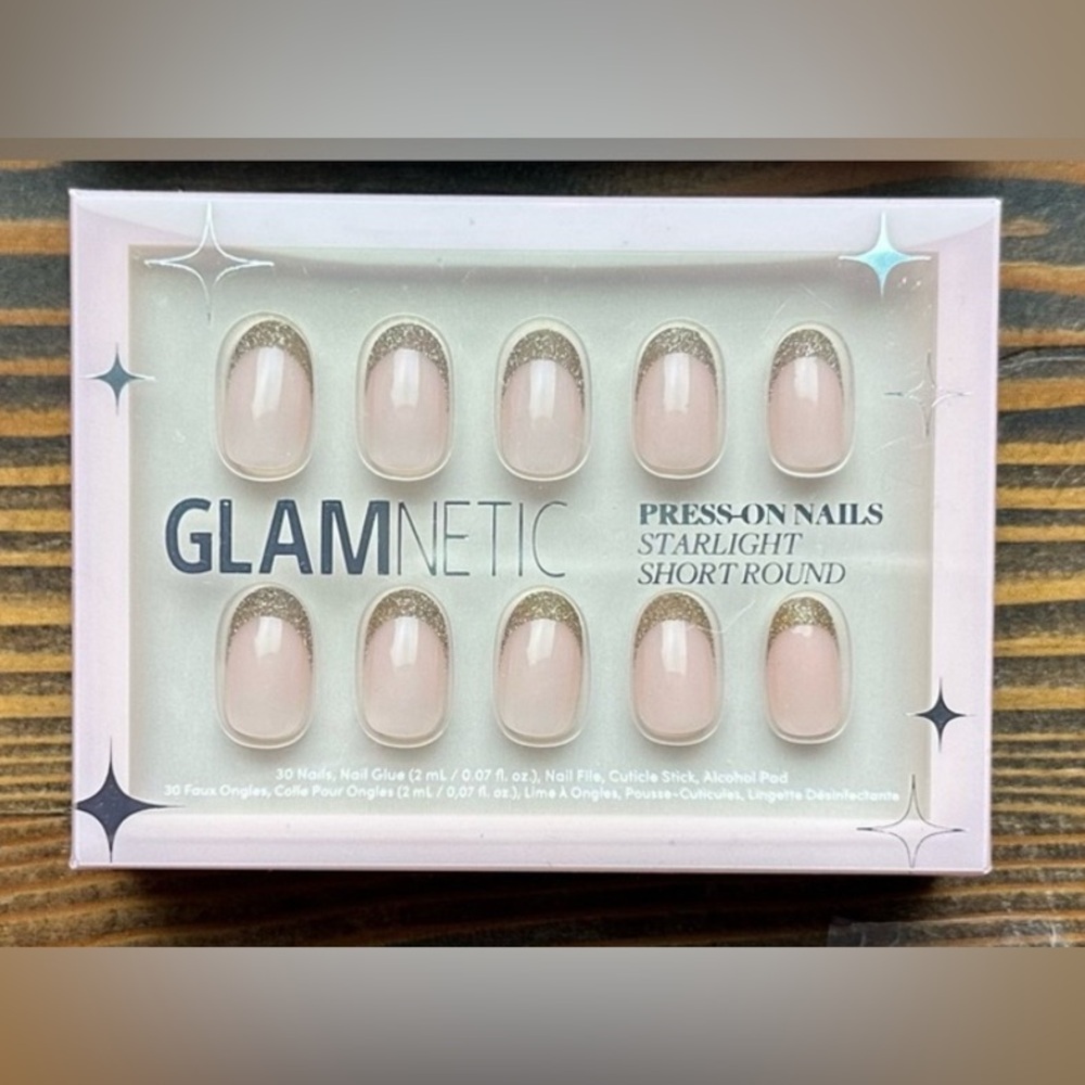 NEW Glamnectic Magnetic Short Round Nails Press On Starlight Gold Manicure ••